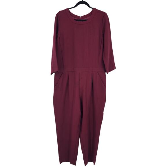 Madewell Sloan Long Sleeve Textured Jumpsuit in Burgundy Crepe Size 12 - Picture 1 of 4